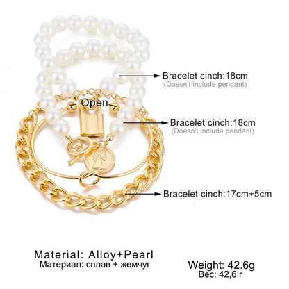 Paisley Set of 4 Curb Link Imitation Pearl Charm Bracelets Wholesale