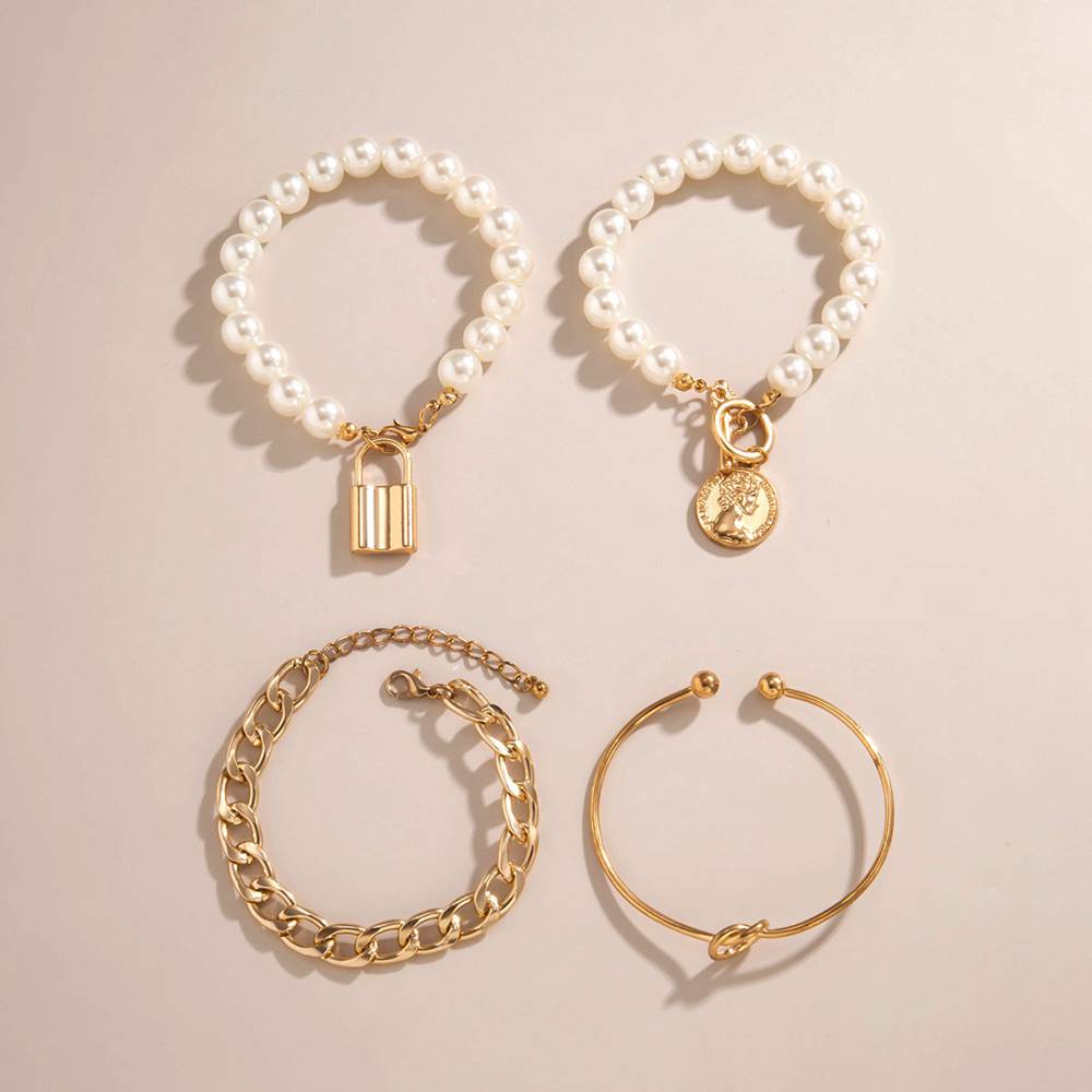 Paisley Set of 4 Curb Link Imitation Pearl Charm Bracelets Wholesale