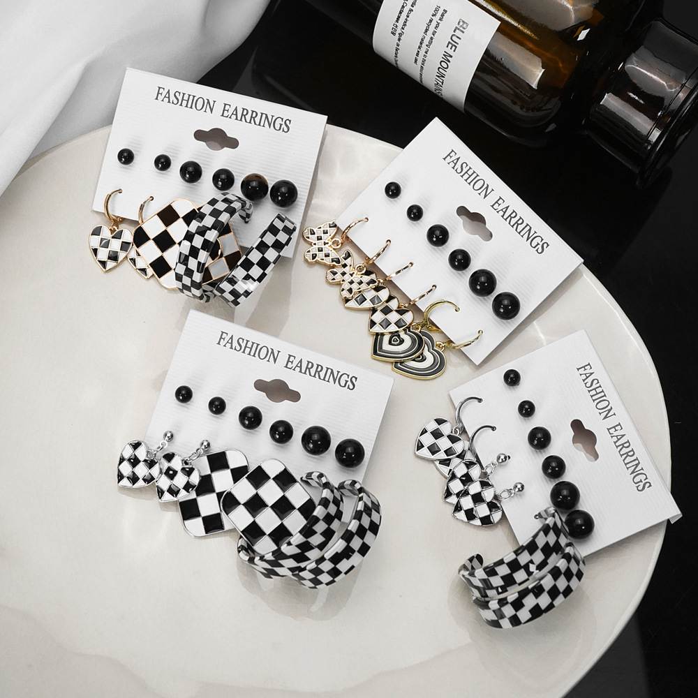 Nydia Set of 6 Black White Acrylic Stud Hoop Drop Earrings