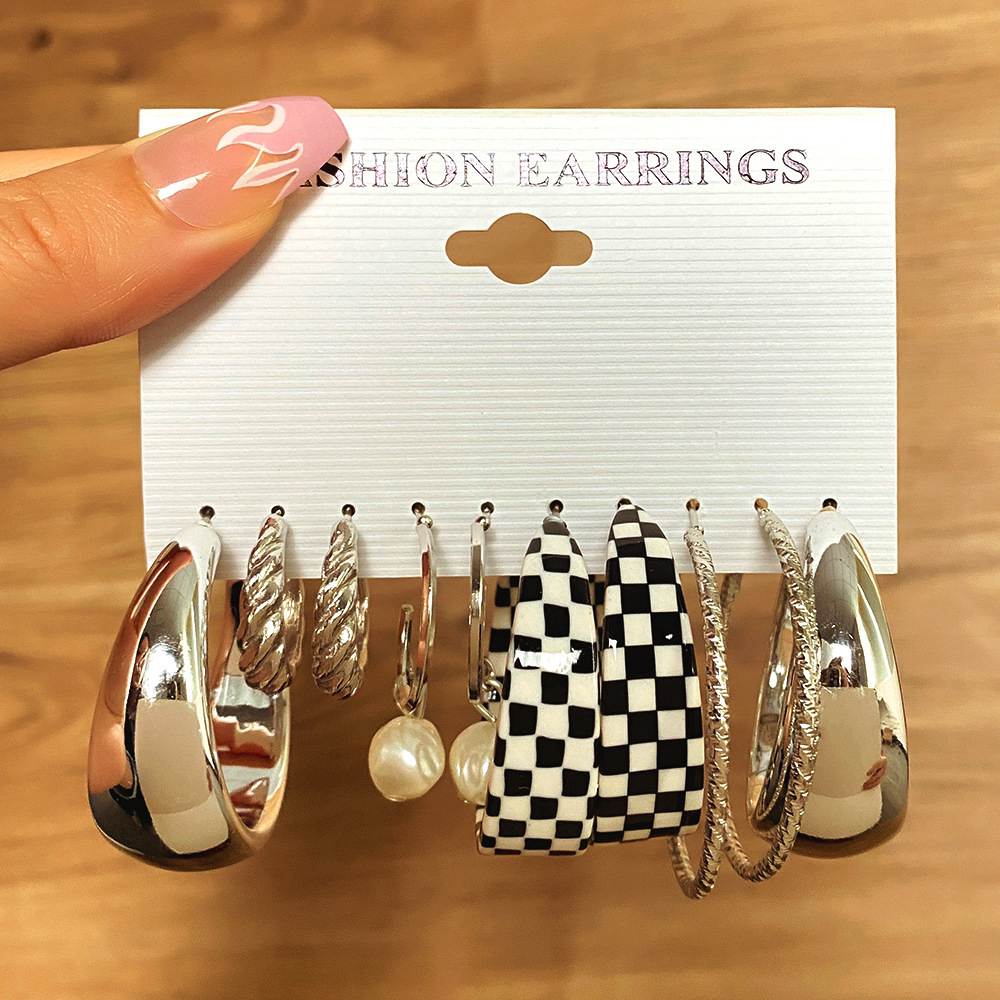 Plaid Set of 5 Hoop Drop Earrings Small Wholesale