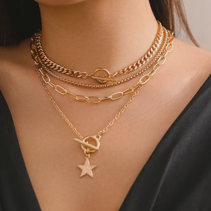 Star-Charm-Buckle-Choker-Metal-Chain-Link-Necklace-4PcsSet-Fionnie-Jewelry-Wholesale